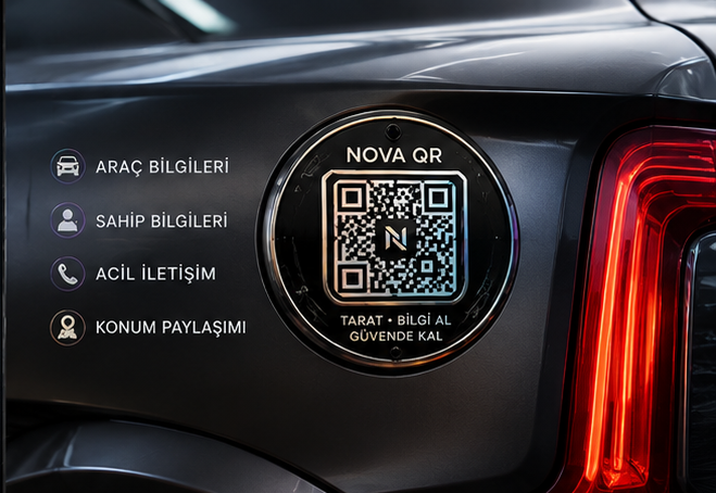 Araç camına yapıştırılmış NovaQR holografik QR etiketi