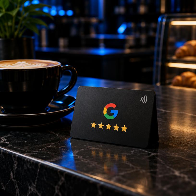 Masa üstü NovaQR Google yorum kartı